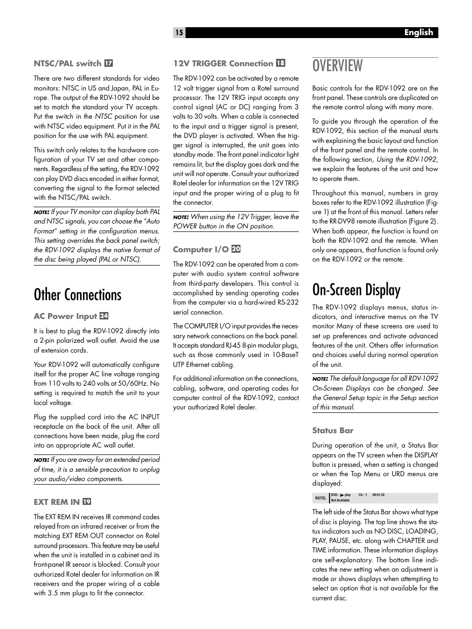 Ntsc/pal switch, Other connections, Ac power input | Ext rem in, 12v trigger connection, Computer i/o, Overview, On-screen display, Status bar, On-screen display status bar | ROTEL RDV-1092 User Manual | Page 15 / 83