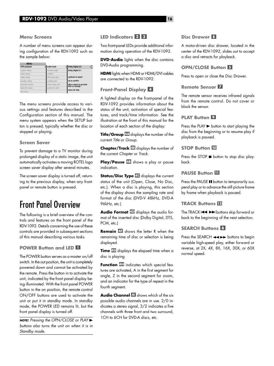 Menu screens, Screen saver, Front panel overview | Power button and led, Led indicators, Front-panel display, Disc drawer, Opn/close button, Remote sensor, Play button | ROTEL RDV-1092 User Manual | Page 16 / 83