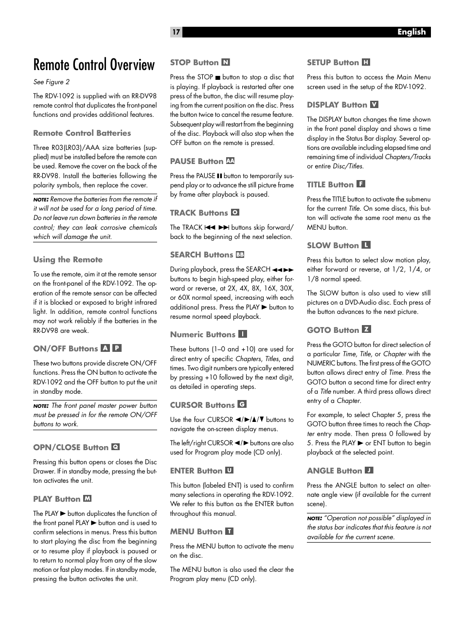 Remote control overview, Remote control batteries, Using the remote | On/off buttons, Opn/close button, Play button, Stop button, Pause button, Track buttons, Search buttons | ROTEL RDV-1092 User Manual | Page 17 / 83