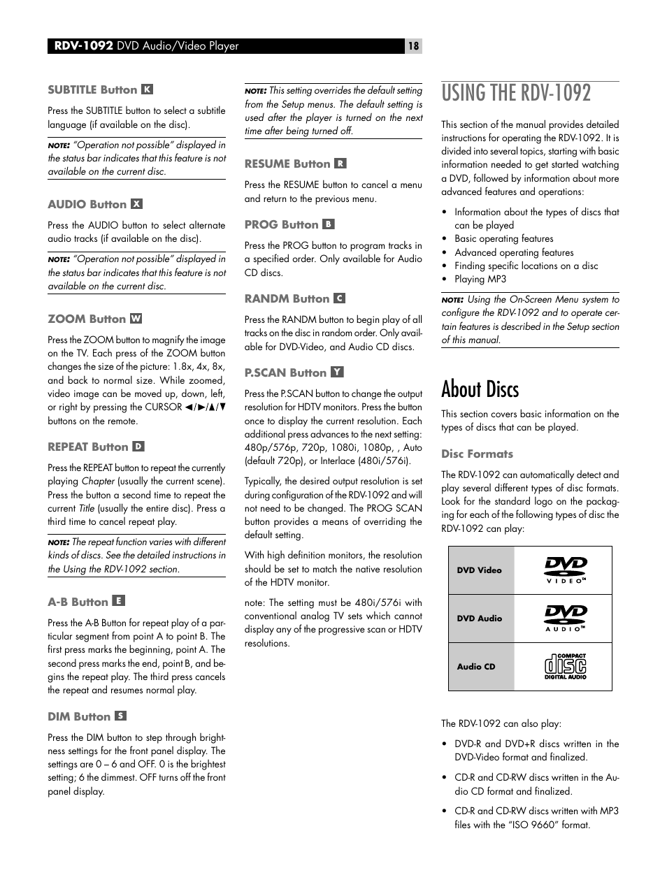 Subtitle button, Audio button, Zoom button | Repeat button, A-b button, Dim button, Resume button, Prog button, Randm button, P.scan button | ROTEL RDV-1092 User Manual | Page 18 / 83