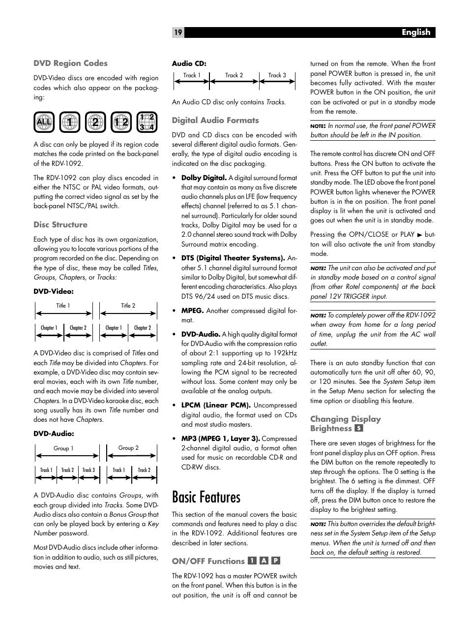 Dvd region codes, Disc structure, Digital audio formats | Basic features, On/off functions, Changing display brightness | ROTEL RDV-1092 User Manual | Page 19 / 83