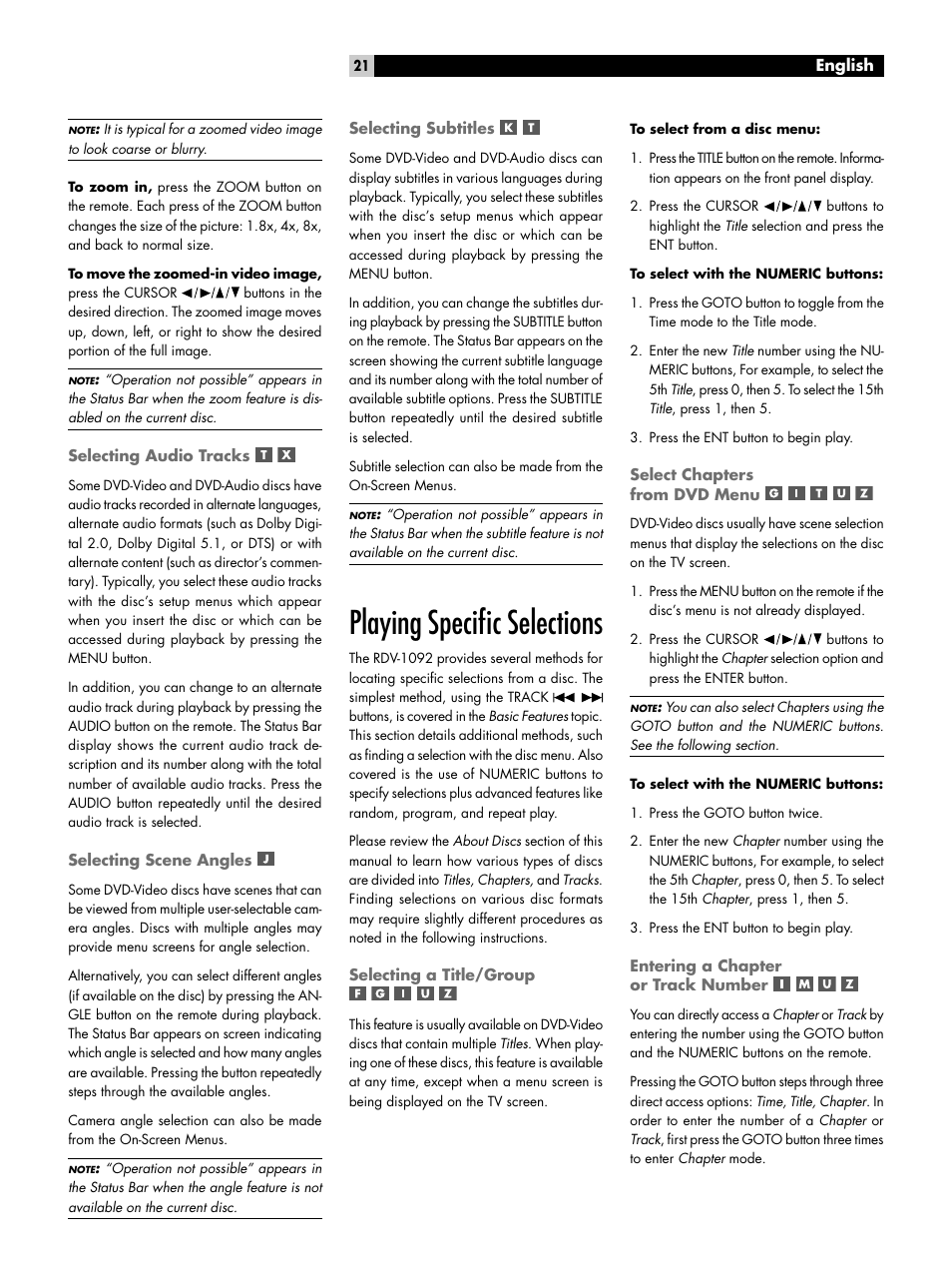 Selecting subtitles, Playing specific selections, Selecting a title/group | Select chapters from dvd menu, Entering a chapter or track number, Playing speciﬁc selections | ROTEL RDV-1092 User Manual | Page 21 / 83