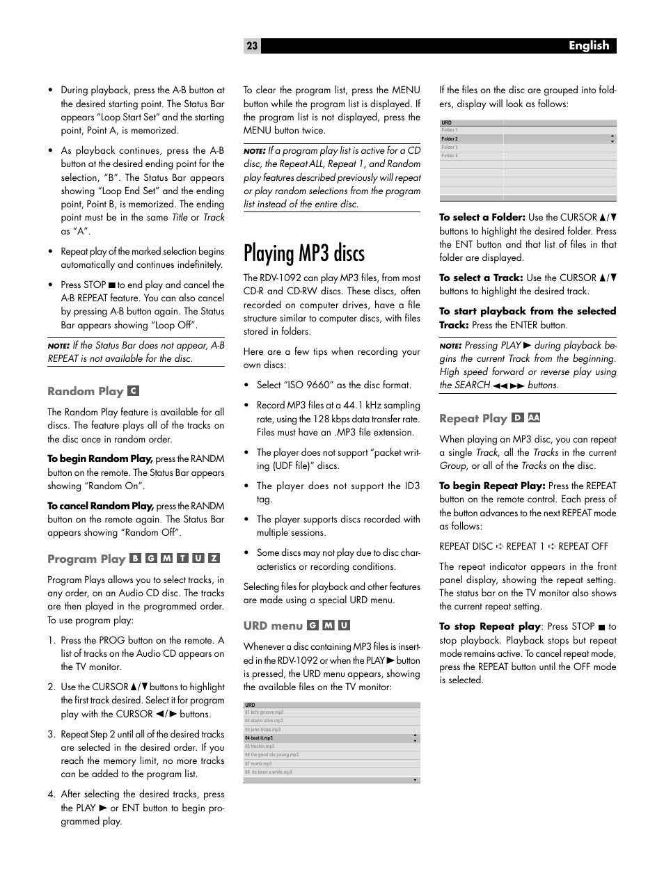 Random play, Program play, Playing mp3 discs | Urd menu, Repeat play, Random play program play, Playing mp3 discs urd menu repeat play | ROTEL RDV-1092 User Manual | Page 23 / 83