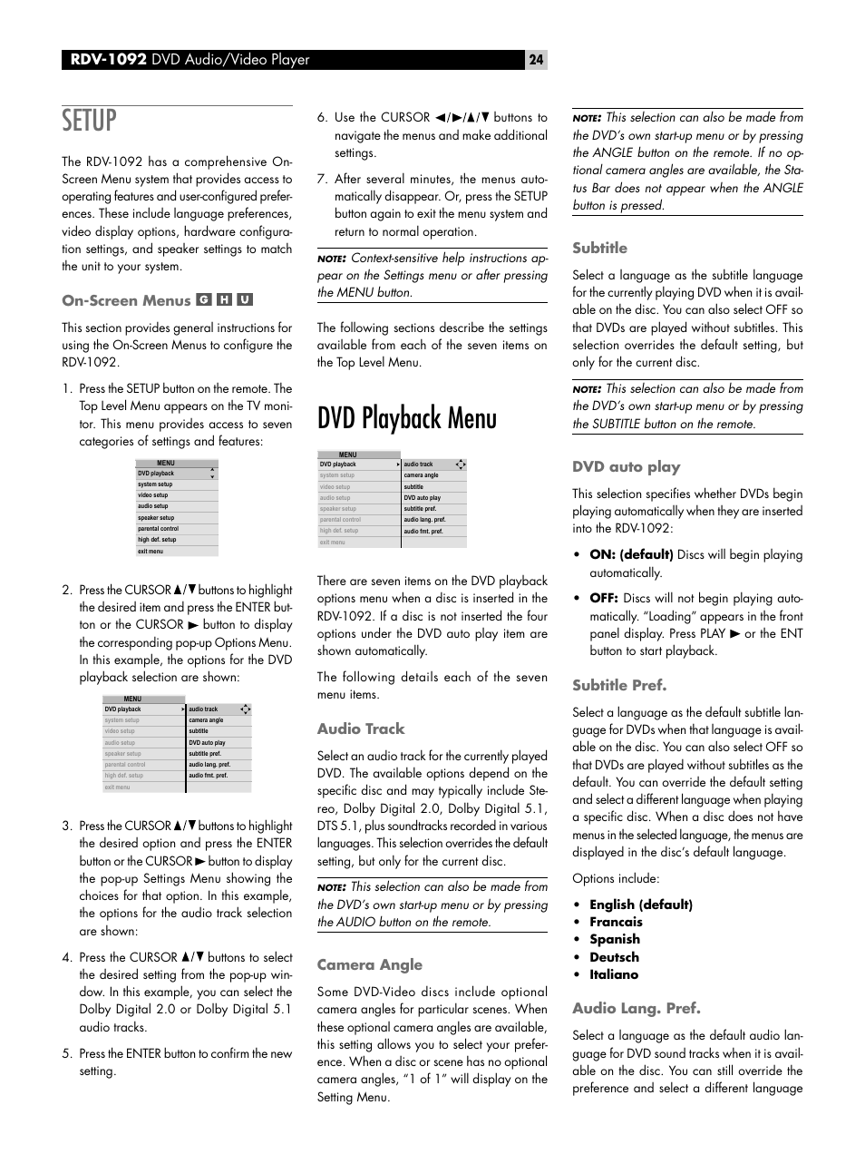 Setup, On-screen menus, Dvd playback menu | Audio track, Camera angle, Subtitle, Dvd auto play, Subtitle pref, Audio lang. pref, Rdv-1092 | ROTEL RDV-1092 User Manual | Page 24 / 83