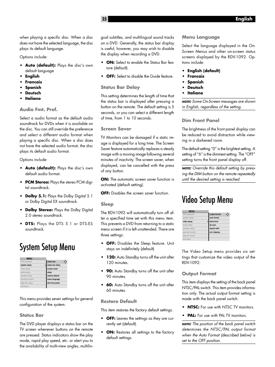 Audio fmt. pref, System setup menu, Status bar | Status bar delay, Screen saver, Sleep, Restore default, Menu language, Dim front panel, Video setup menu | ROTEL RDV-1092 User Manual | Page 25 / 83