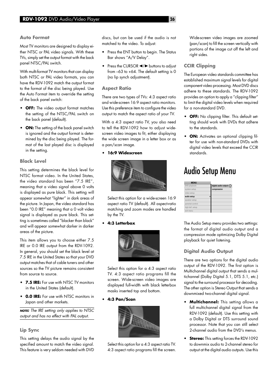 Auto format, Black level, Lip sync | Aspect ratio, Ccir clipping, Audio setup menu, Digital audio output, Audio setup menu digital audio output | ROTEL RDV-1092 User Manual | Page 26 / 83