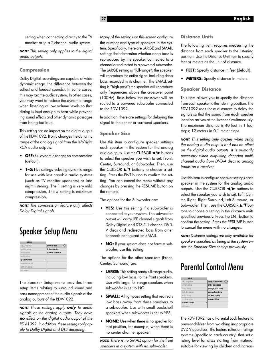 Compression, Speaker setup menu, Speaker size | Distance units, Speaker distance, Parental control menu, English | ROTEL RDV-1092 User Manual | Page 27 / 83