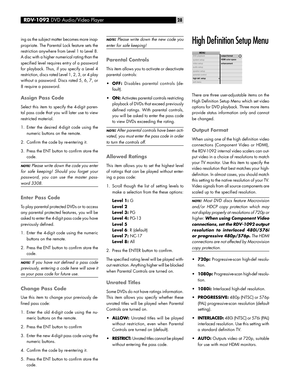 Assign pass code, Enter pass code, Change pass code | Parental controls, Allowed ratings, Unrated titles, High definition setup menu, Output format, High deﬁnition setup menu output format, High deﬁnition setup menu | ROTEL RDV-1092 User Manual | Page 28 / 83