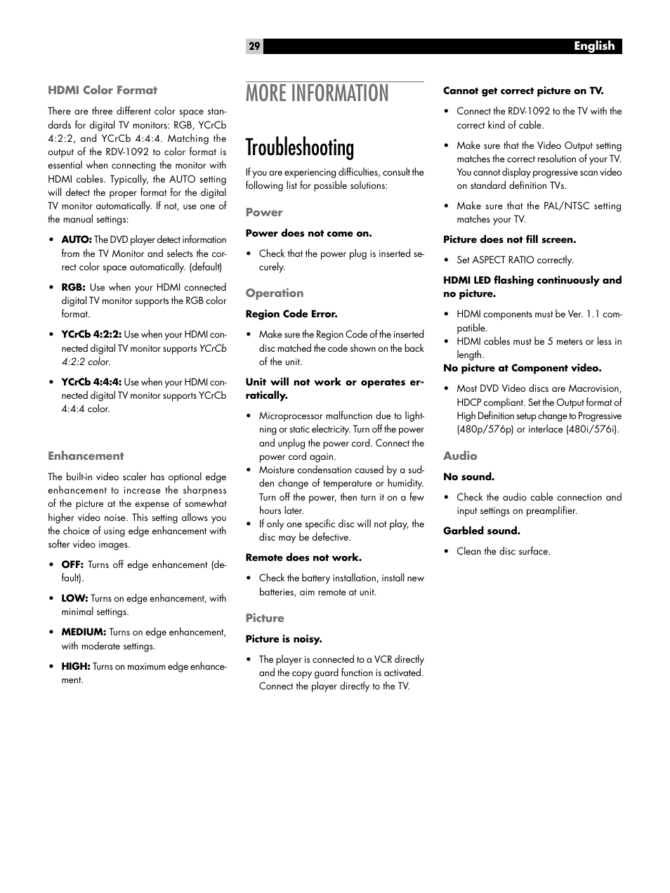 Hdmi color format, Enhancement, More information | Troubleshooting, Power, Operation, Picture, Audio, Hdmi color format enhancement, Troubleshooting power operation picture audio | ROTEL RDV-1092 User Manual | Page 29 / 83
