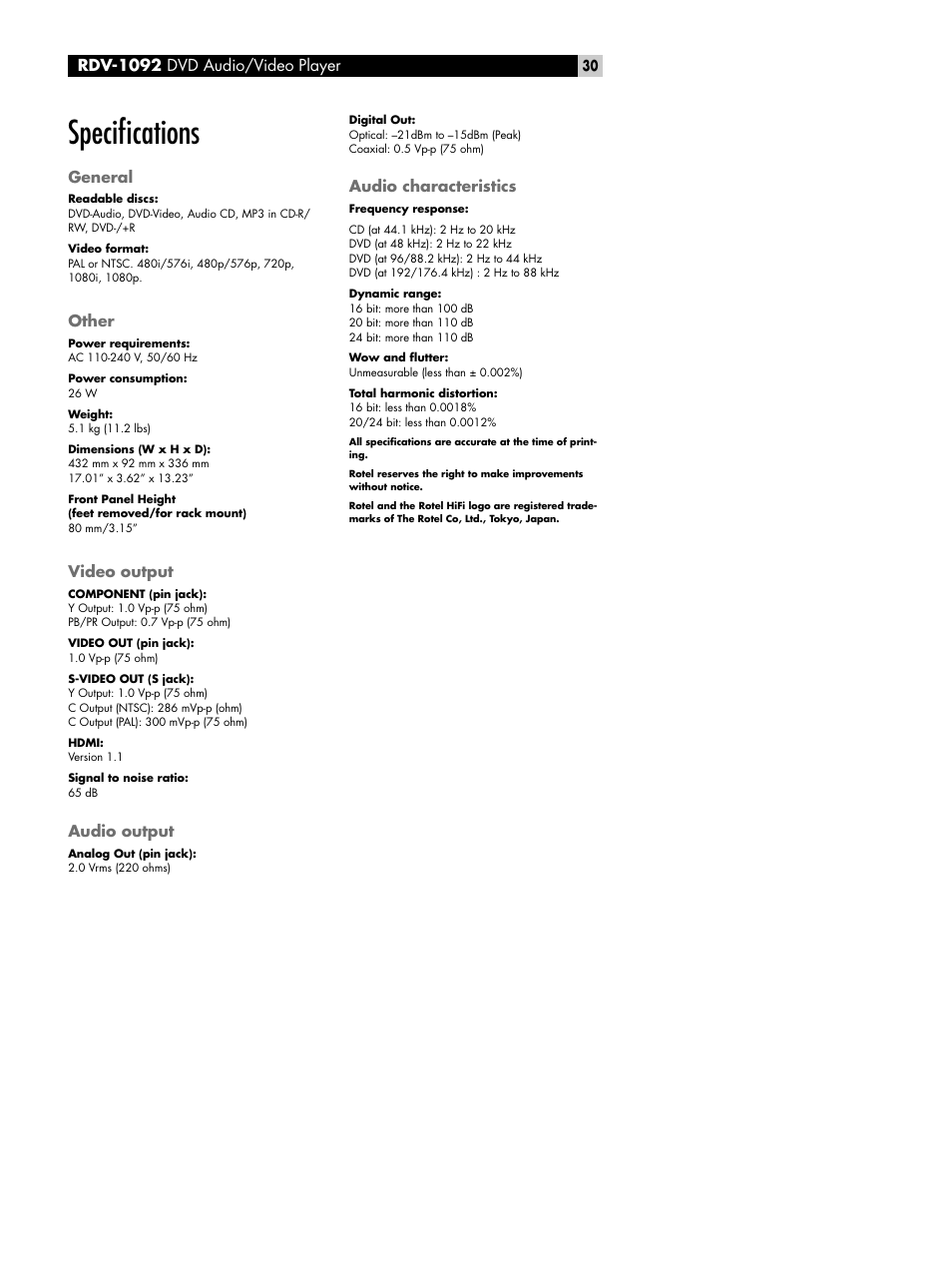 Specifications, General, Other | Video output, Audio output, Audio characteristics, Speciﬁcations, Rdv-1092, Rdv-1092 dvd audio/video player | ROTEL RDV-1092 User Manual | Page 30 / 83