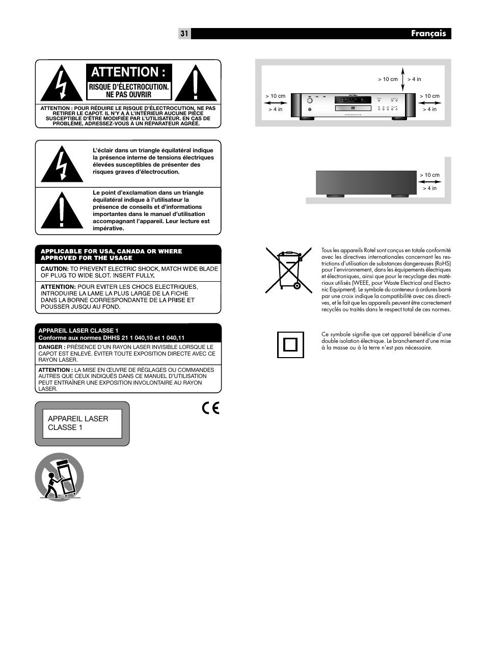 Attention, Français | ROTEL RDV-1092 User Manual | Page 31 / 83