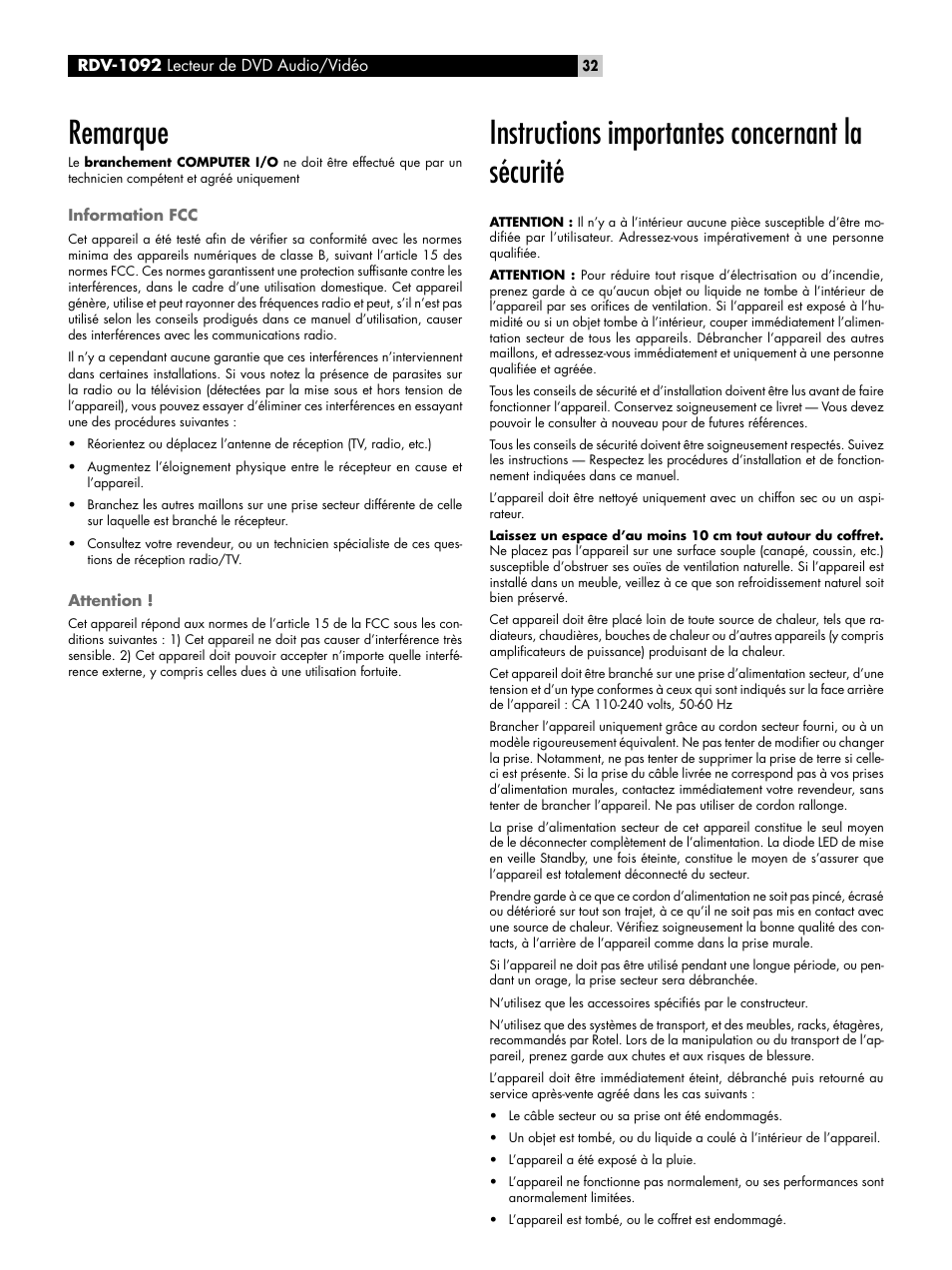 Remarque, Information fcc, Attention | Instructions importantes concernant la sécurité | ROTEL RDV-1092 User Manual | Page 32 / 83