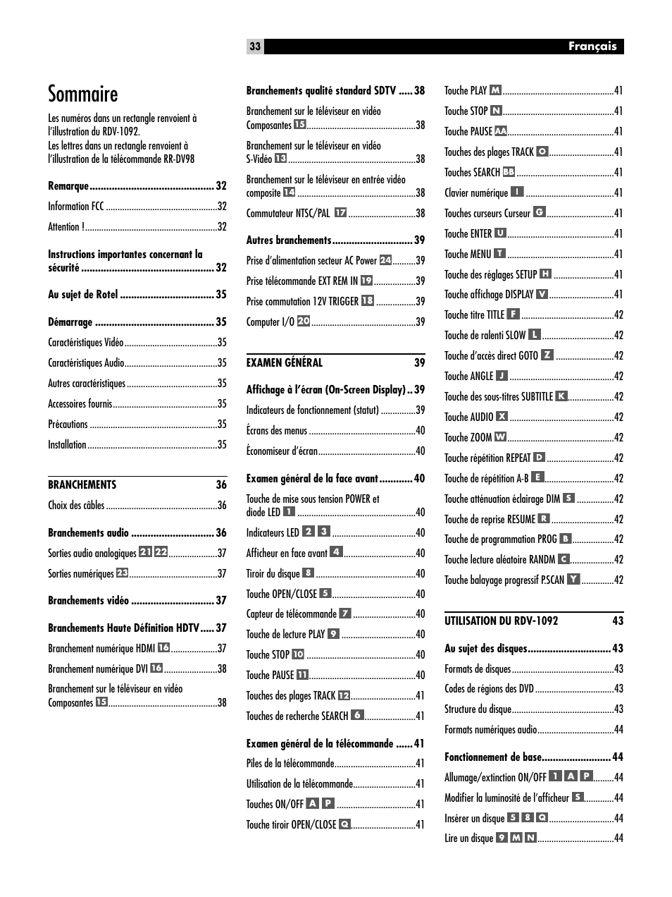 Sommaire | ROTEL RDV-1092 User Manual | Page 33 / 83