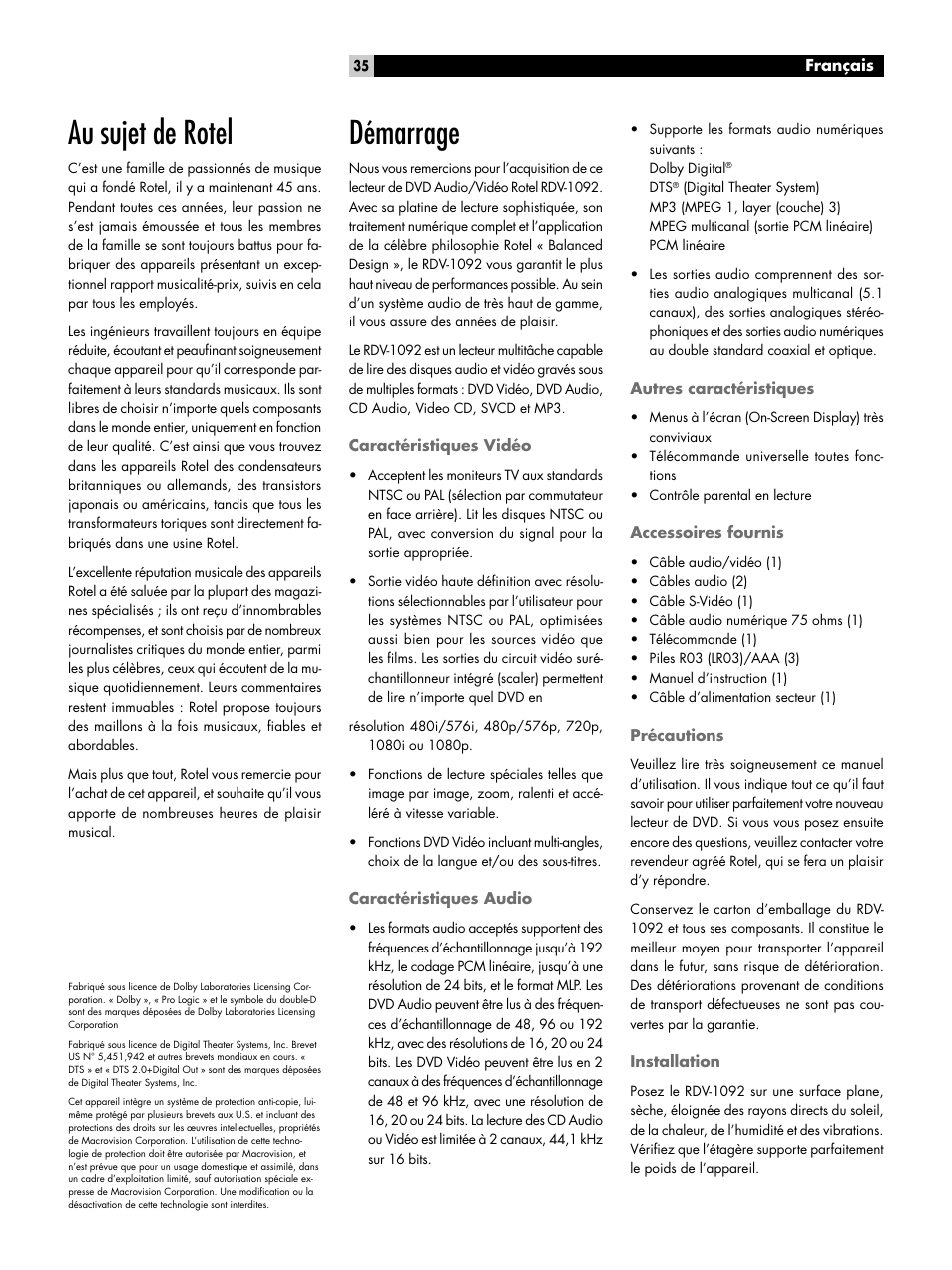 Au sujet de rotel, Démarrage, Caractéristiques vidéo | Caractéristiques audio, Autres caractéristiques, Accessoires fournis, Précautions, Installation | ROTEL RDV-1092 User Manual | Page 35 / 83