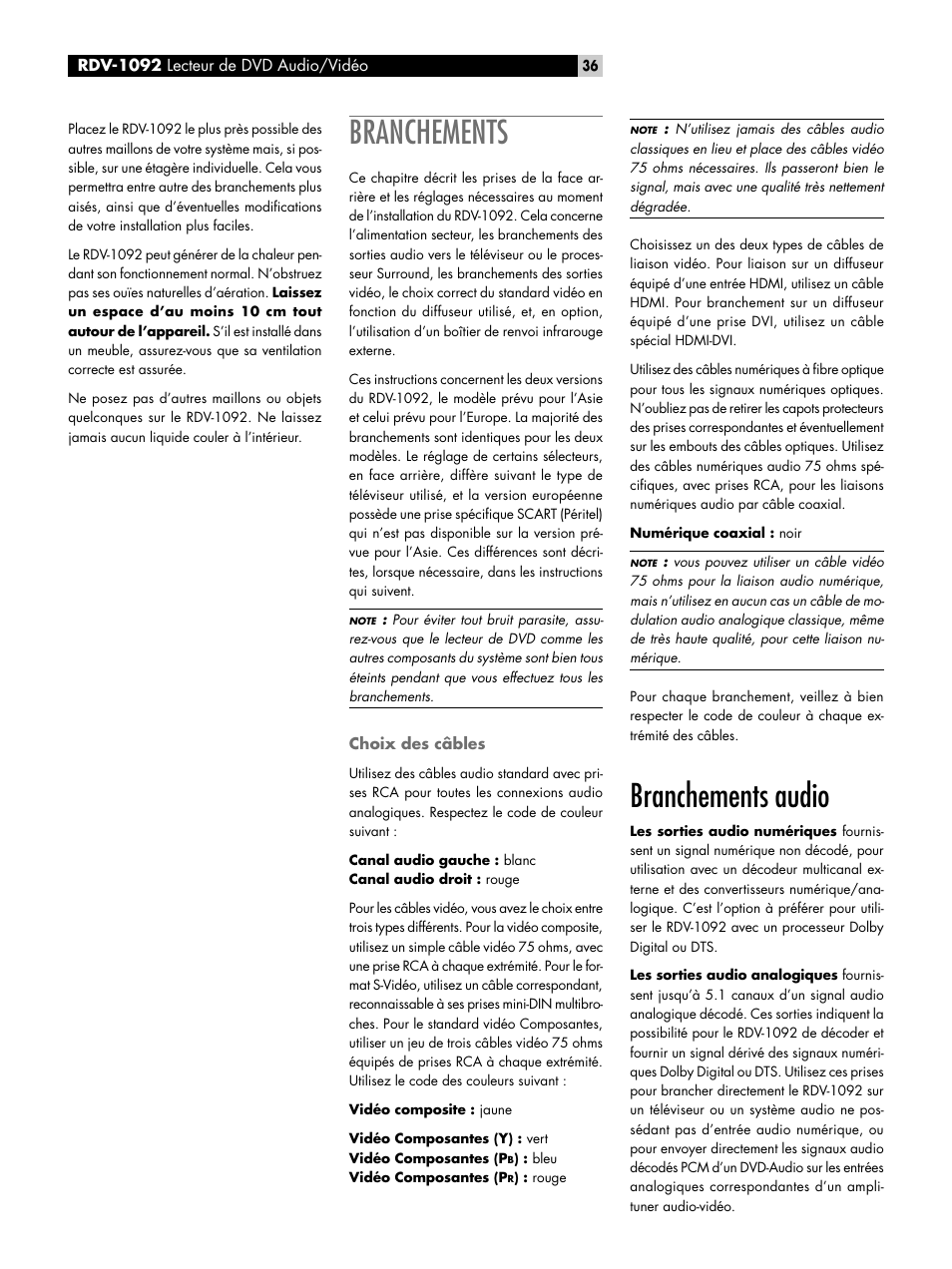 Branchements, Choix des câbles, Branchements audio | ROTEL RDV-1092 User Manual | Page 36 / 83