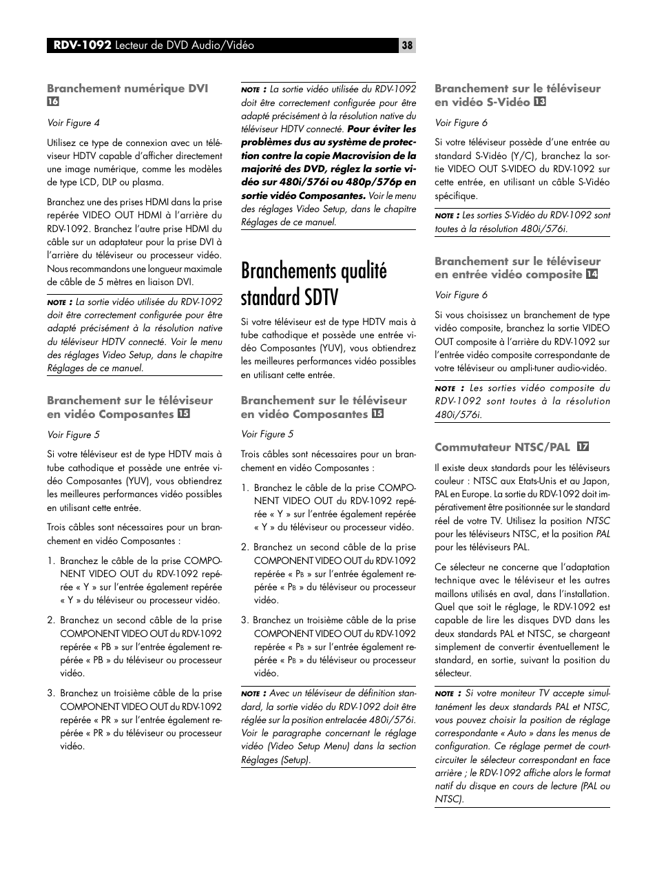 Branchement numérique dvi, Branchement sur le téléviseur en vidéo composantes, Branchements qualité standard sdtv | Branchement sur le téléviseur en vidéo s-vidéo, Commutateur ntsc/pal, Composantes, Composantes branchement sur le téléviseur en vidéo, Composite commutateur ntsc/pal | ROTEL RDV-1092 User Manual | Page 38 / 83