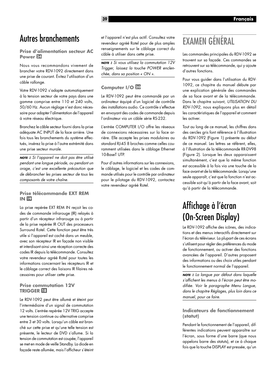 Autres branchements, Prise d’alimentation secteur ac power, Prise télécommande ext rem in | Prise commutation 12v trigger, Computer i/o, Examen général, Affichage à l’écran (on-screen display), Indicateurs de fonctionnement (statut), Afﬁchage à l’écran (on-screen display) | ROTEL RDV-1092 User Manual | Page 39 / 83