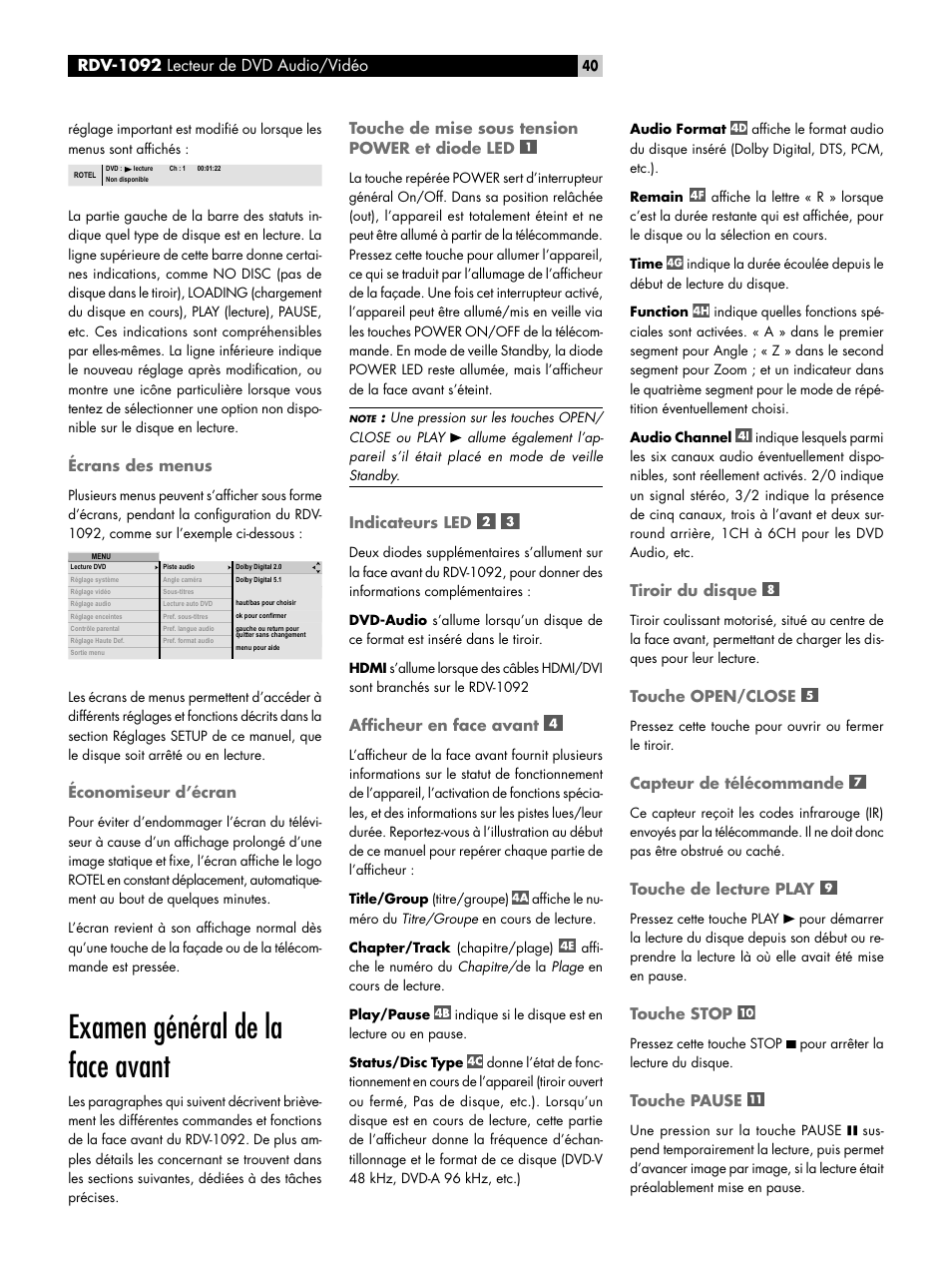 Écrans des menus, Économiseur d’écran, Examen général de la face avant | Touche de mise sous tension power et diode led, Indicateurs led, Afficheur en face avant, Tiroir du disque, Touche open/close, Capteur de télécommande, Touche de lecture play | ROTEL RDV-1092 User Manual | Page 40 / 83