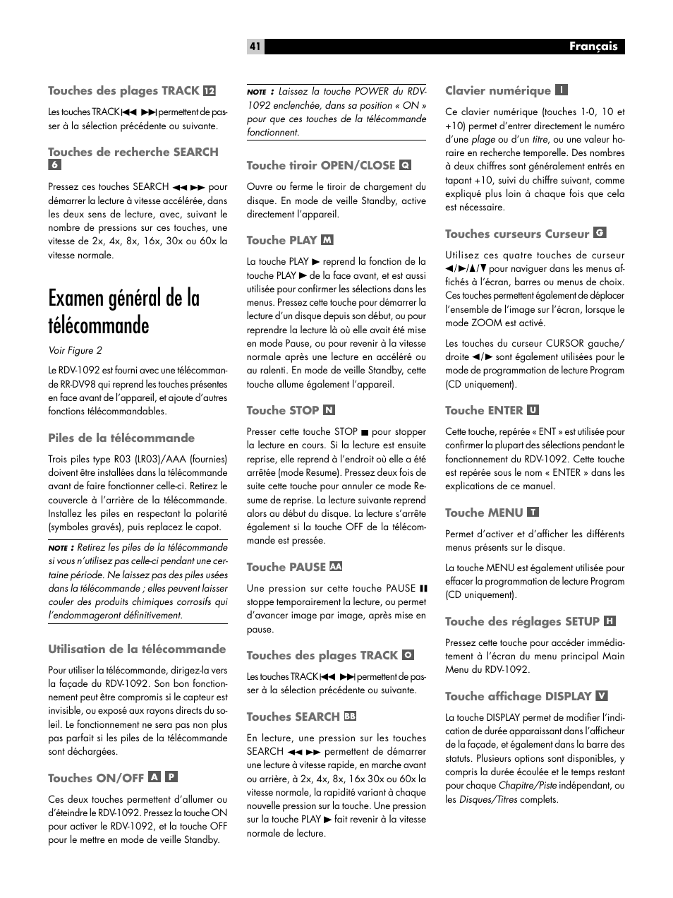 Touches des plages track, Touches de recherche search, Examen général de la télécommande | Piles de la télécommande, Utilisation de la télécommande, Touches on/off, Touche tiroir open/close, Touche play, Touche stop, Touche pause | ROTEL RDV-1092 User Manual | Page 41 / 83
