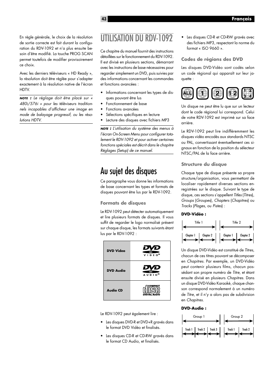 Utilisation du rdv-1092, Au sujet des disques, Formats de disques | Codes de régions des dvd, Structure du disque | ROTEL RDV-1092 User Manual | Page 43 / 83