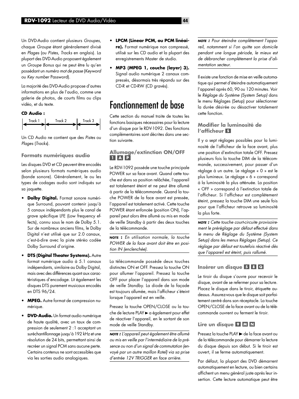 Formats numériques audio, Fonctionnement de base, Allumage/extinction on/off | Modifier la luminosité de l’afficheur, Insérer un disque, Lire un disque | ROTEL RDV-1092 User Manual | Page 44 / 83