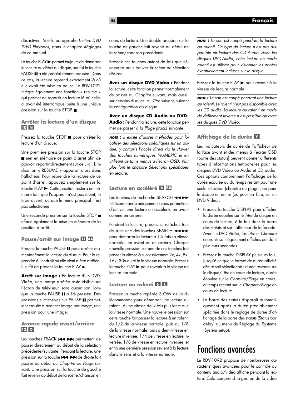 Arrêter la lecture d’un disque, Pause/arrêt sur image, Avance rapide avant/arrière | Lecture en accéléré, Lecture au ralenti, Affichage de la durée, Fonctions avancées | ROTEL RDV-1092 User Manual | Page 45 / 83