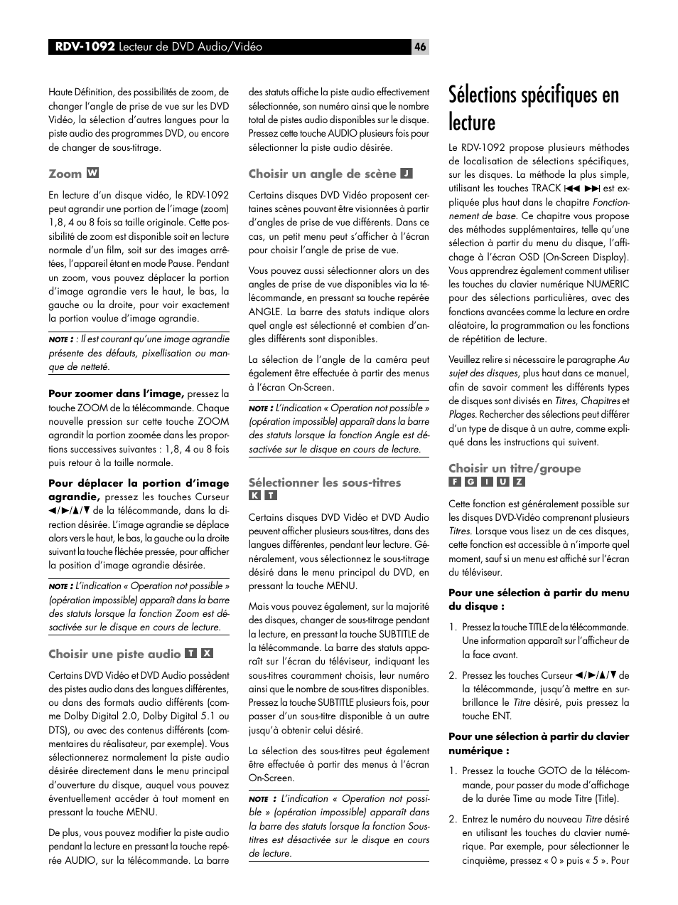 Zoom, Choisir un angle de scène, Sélectionner les sous-titres | Sélections spécifiques en lecture, Choisir un titre/groupe, Sélections spéciﬁques en lecture | ROTEL RDV-1092 User Manual | Page 46 / 83