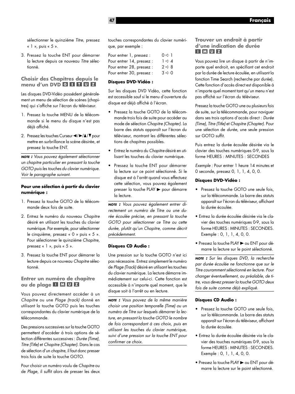 Choisir des chapitres depuis le menu d’un dvd, Entrer un numéro de chapitre ou de plage, Choisir un titre/groupe | Choisir des chapitres depuis le menu, D’un dvd, Entrer un numéro de chapitre ou de, Plage | ROTEL RDV-1092 User Manual | Page 47 / 83