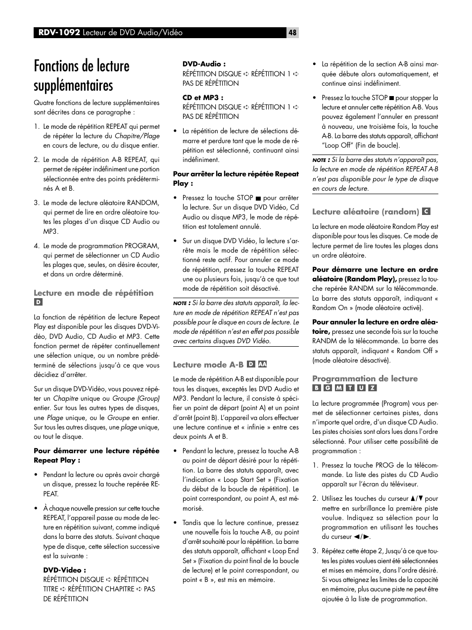 Fonctions de lecture supplémentaires, Lecture en mode de répétition, Lecture mode a-b | Lecture aléatoire (random), Programmation de lecture, Durée, Synchronisation parole lip sync | ROTEL RDV-1092 User Manual | Page 48 / 83