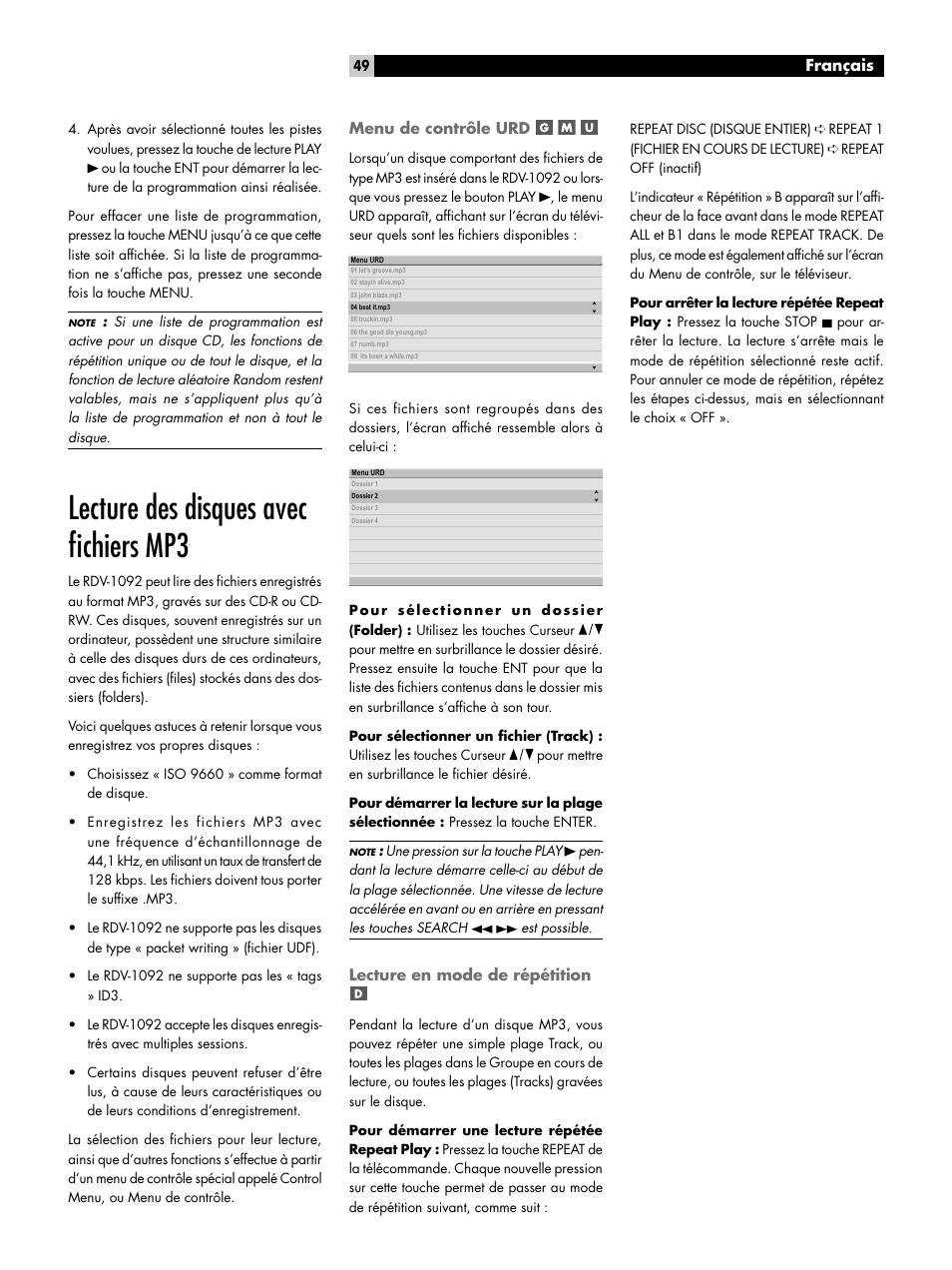 Lecture des disques avec fichiers mp3, Menu de contrôle urd, Lecture en mode de répétition | Lecture des disques avec ﬁchiers mp3 | ROTEL RDV-1092 User Manual | Page 49 / 83