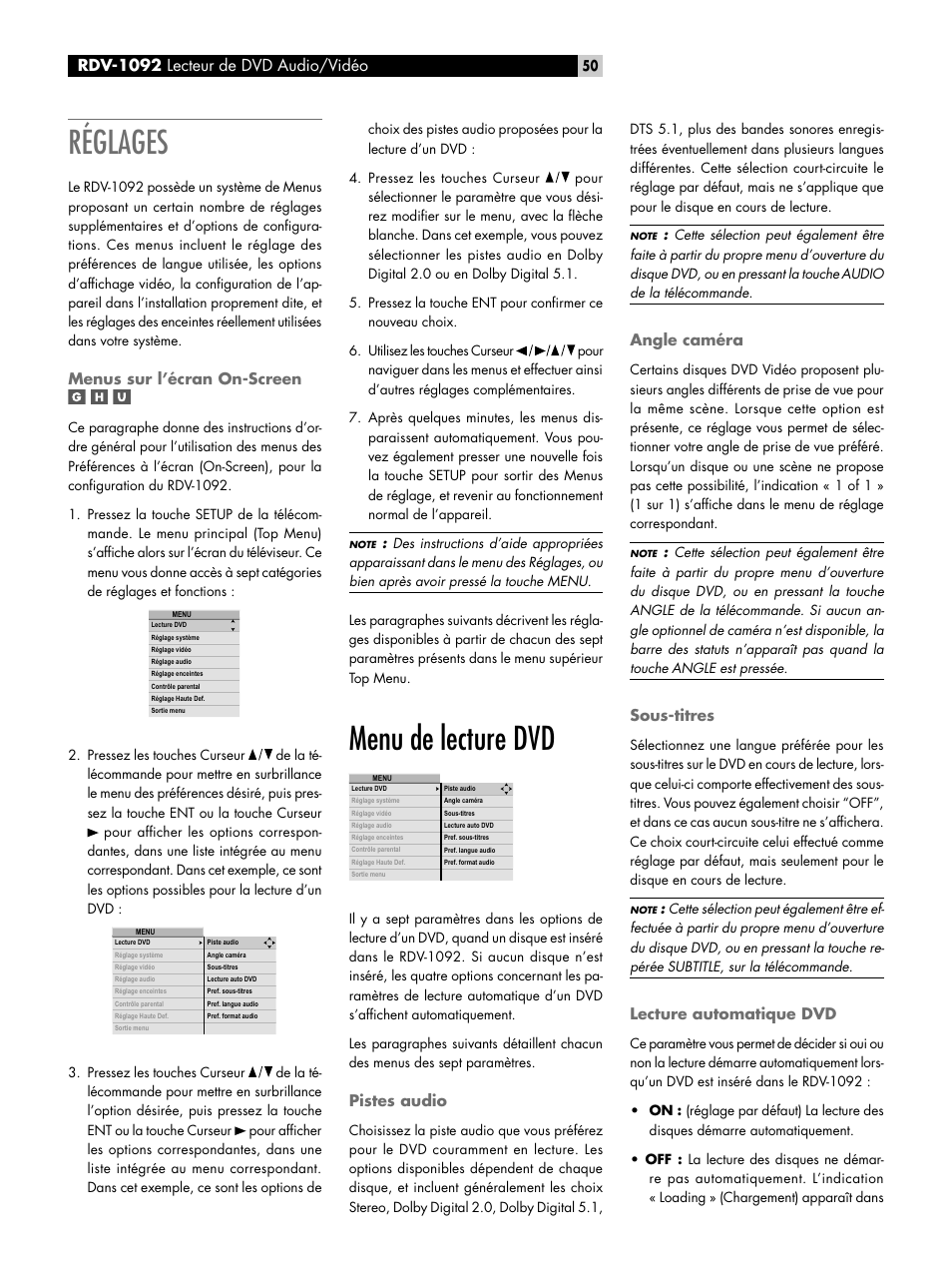 Réglages, Menus sur l’écran on-screen, Menu de lecture dvd | Pistes audio, Angle caméra, Sous-titres, Lecture automatique dvd, Rdv-1092, Rdv-1092 lecteur de dvd audio/vidéo | ROTEL RDV-1092 User Manual | Page 50 / 83