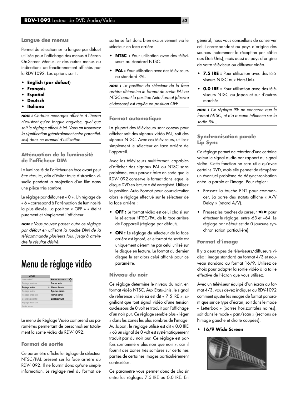 Langue des menus, Atténuation de la luminosité de l’afficheur dim, Menu de réglage vidéo | Format de sortie, Format automatique, Niveau du noir, Synchronisation parole lip sync, Format d’image | ROTEL RDV-1092 User Manual | Page 52 / 83