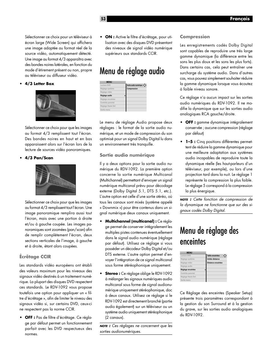Écrêtage ccir, Menu de réglage audio, Sortie audio numérique | Compression, Menu de réglage des enceintes, Menu de réglage vidéo, Français | ROTEL RDV-1092 User Manual | Page 53 / 83