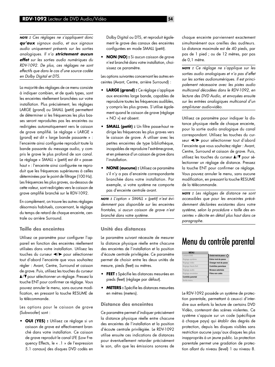 Taille des enceintes, Unité des distances, Distance des enceintes | Menu du contrôle parental, Format de sortie format automatique niveau du noir | ROTEL RDV-1092 User Manual | Page 54 / 83