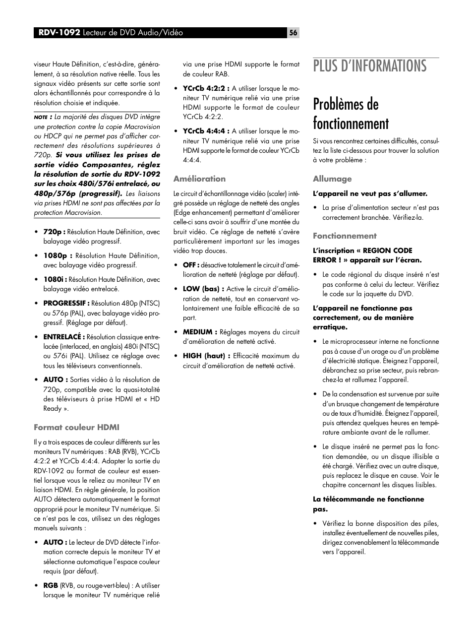 Format couleur hdmi, Amélioration, Plus d’informations | Problèmes de fonctionnement, Allumage, Fonctionnement, Plus d’informations problèmes de fonctionnement | ROTEL RDV-1092 User Manual | Page 56 / 83