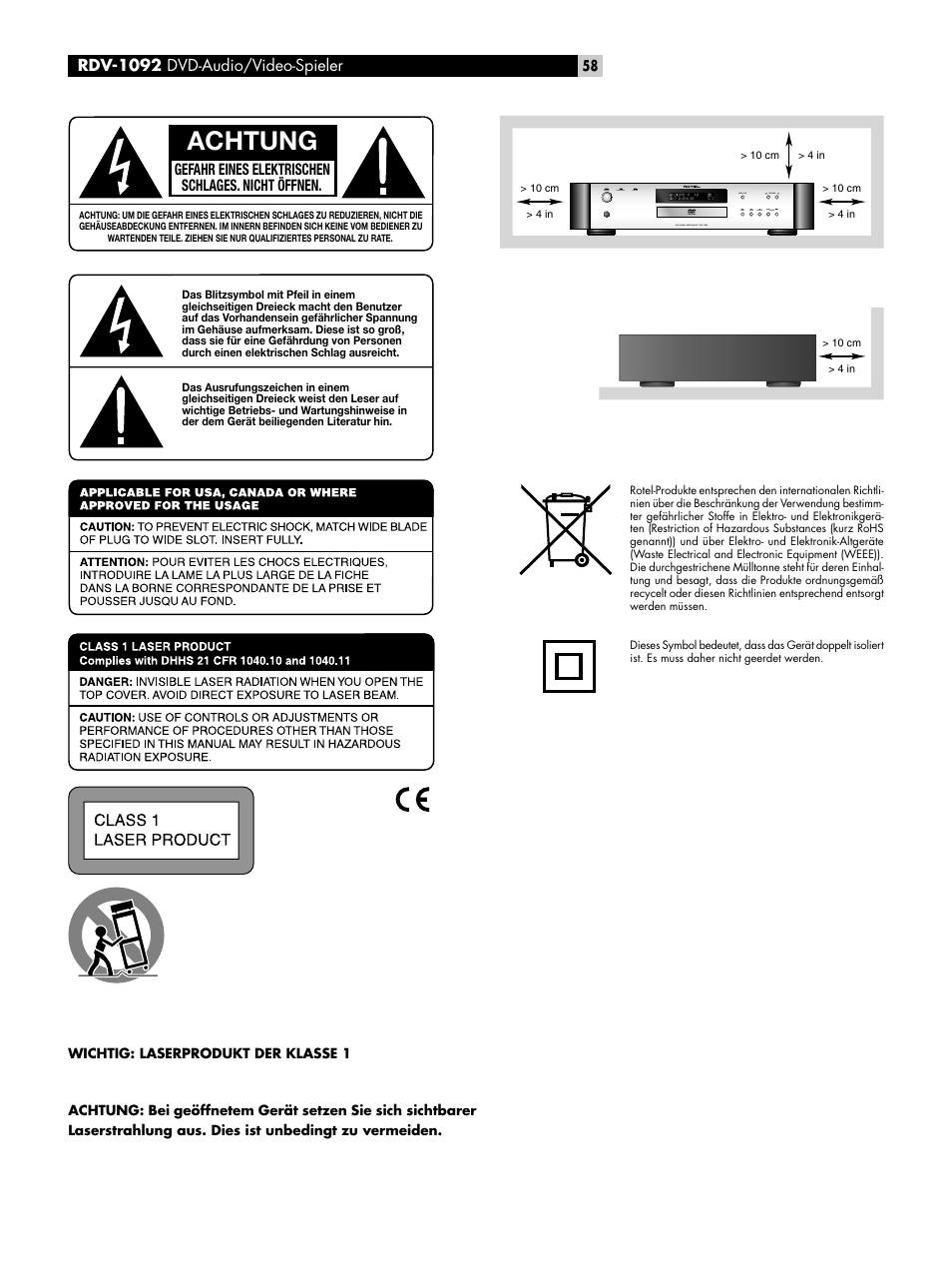 Achtung, Rdv-1092, Rdv-1092 dvd-audio/video-spieler | ROTEL RDV-1092 User Manual | Page 58 / 83