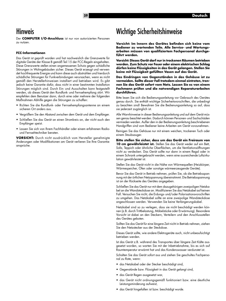 Hinweis, Wichtige sicherheitshinweise | ROTEL RDV-1092 User Manual | Page 59 / 83