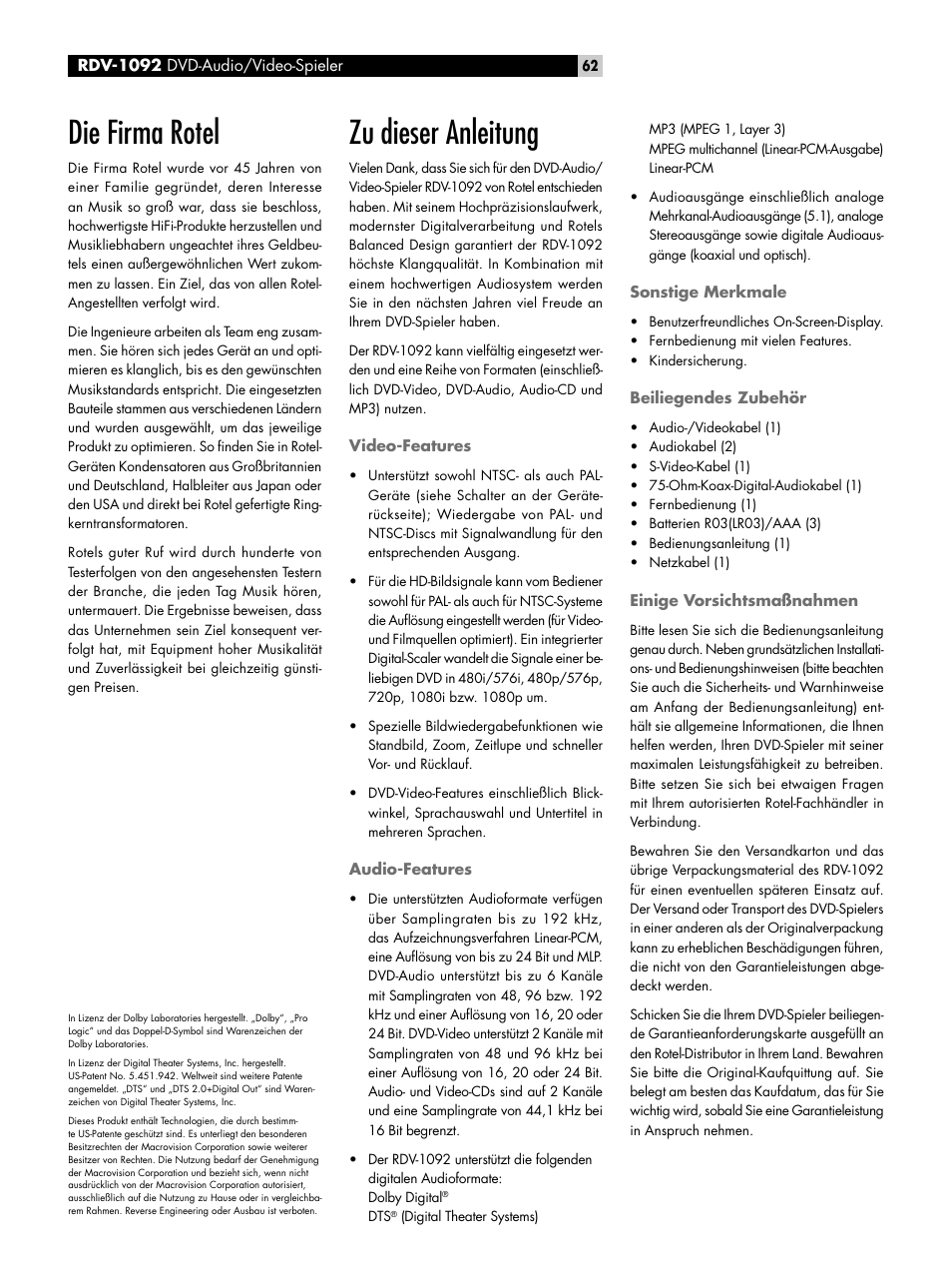 Die firma rotel, Zu dieser anleitung, Video-features | Audio-features, Sonstige merkmale, Beiliegendes zubehör, Einige vorsichtsmaßnahmen | ROTEL RDV-1092 User Manual | Page 62 / 83
