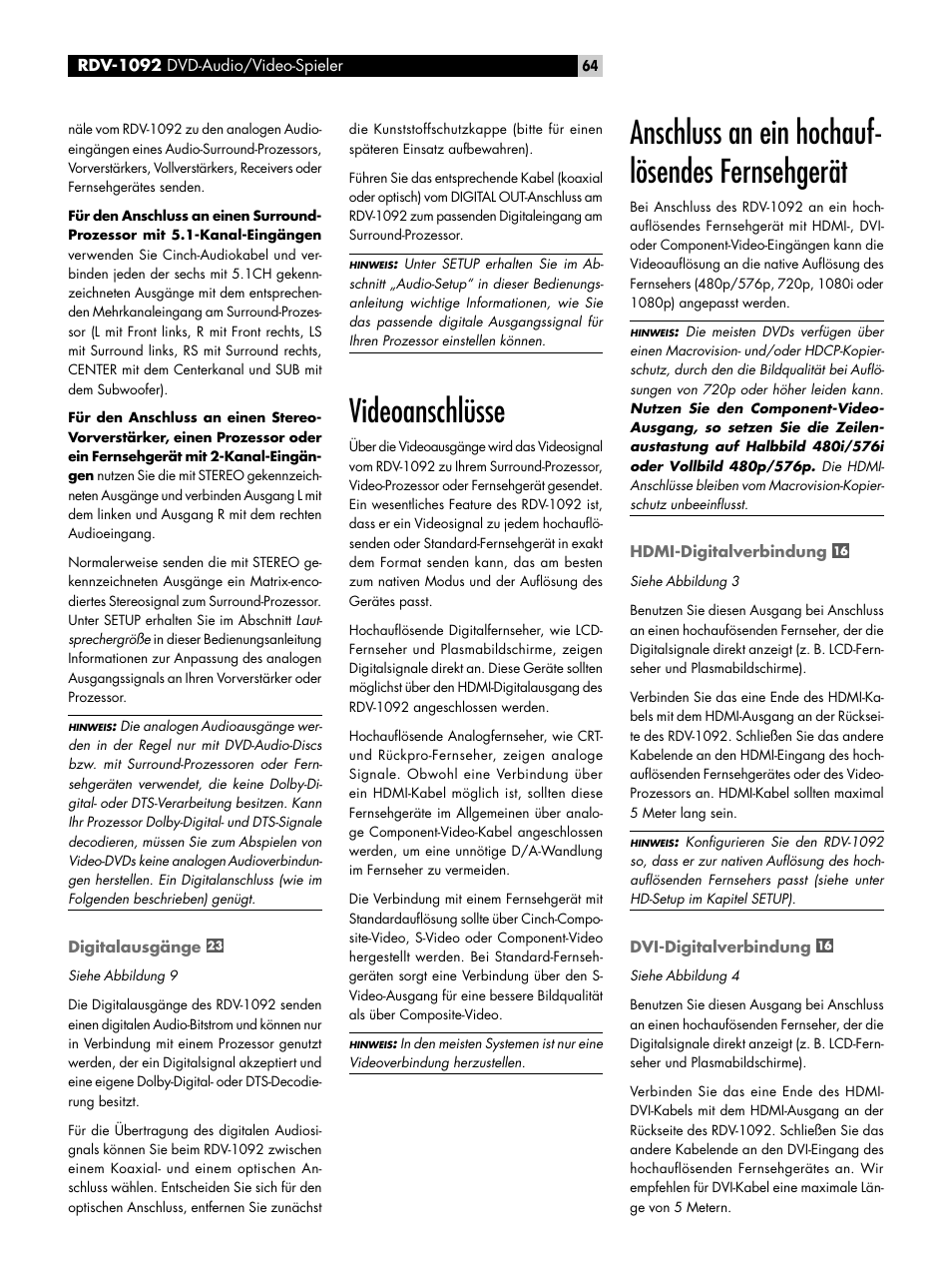 Digitalausgänge, Videoanschlüsse, Anschluss an ein hochauf­lösendes fernsehgerät | Hdmi-digitalverbindung, Dvi-digitalverbindung, Anschluss an ein hochauﬂösendes, Anschluss an ein hochauf- lösendes fernsehgerät | ROTEL RDV-1092 User Manual | Page 64 / 83