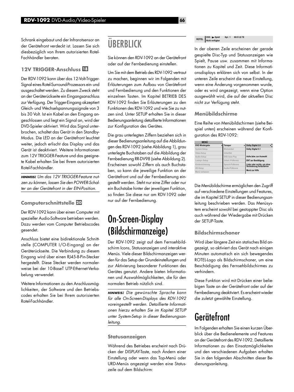 12v trigger-anschluss, Computerschnittstelle, Überblick | On-screen-display (bildschirmanzeige), Statusanzeigen, Menübildschirme, Bildschirmschoner, Gerätefront, 12v trigger-anschluss computerschnittstelle, Rdv-1092 | ROTEL RDV-1092 User Manual | Page 66 / 83