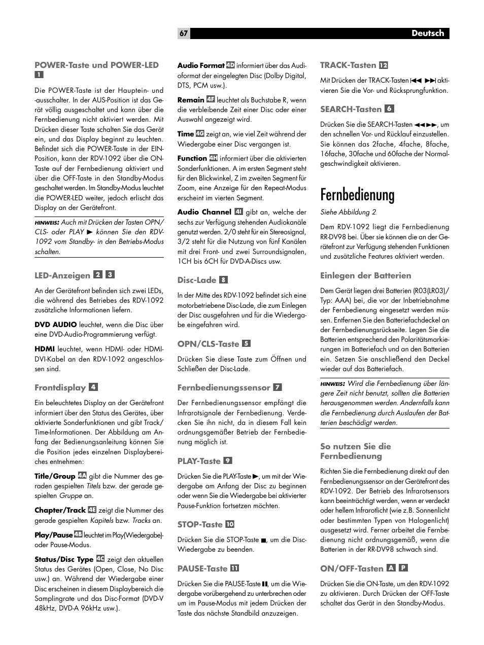 Power-taste und power-led, Led-anzeigen, Frontdisplay | Disc-lade, Opn/cls-taste, Fernbedienungssensor, Play-taste, Stop-taste, Pause-taste, Track-tasten | ROTEL RDV-1092 User Manual | Page 67 / 83