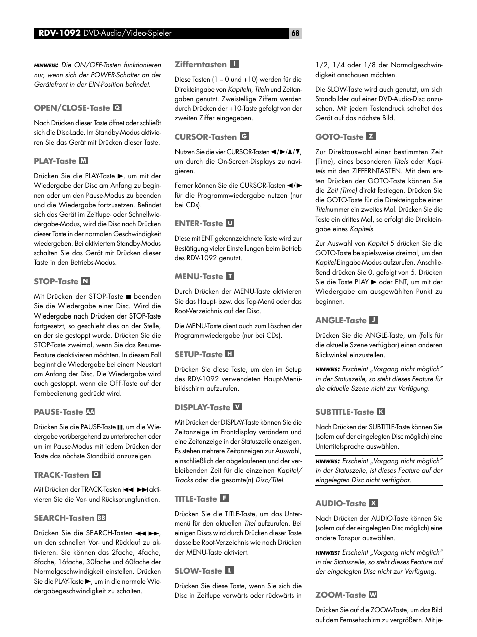 Open/close-taste, Play-taste, Stop-taste | Pause-taste, Track-tasten, Search-tasten, Zifferntasten, Cursor-tasten, Enter-taste, Menu-taste | ROTEL RDV-1092 User Manual | Page 68 / 83