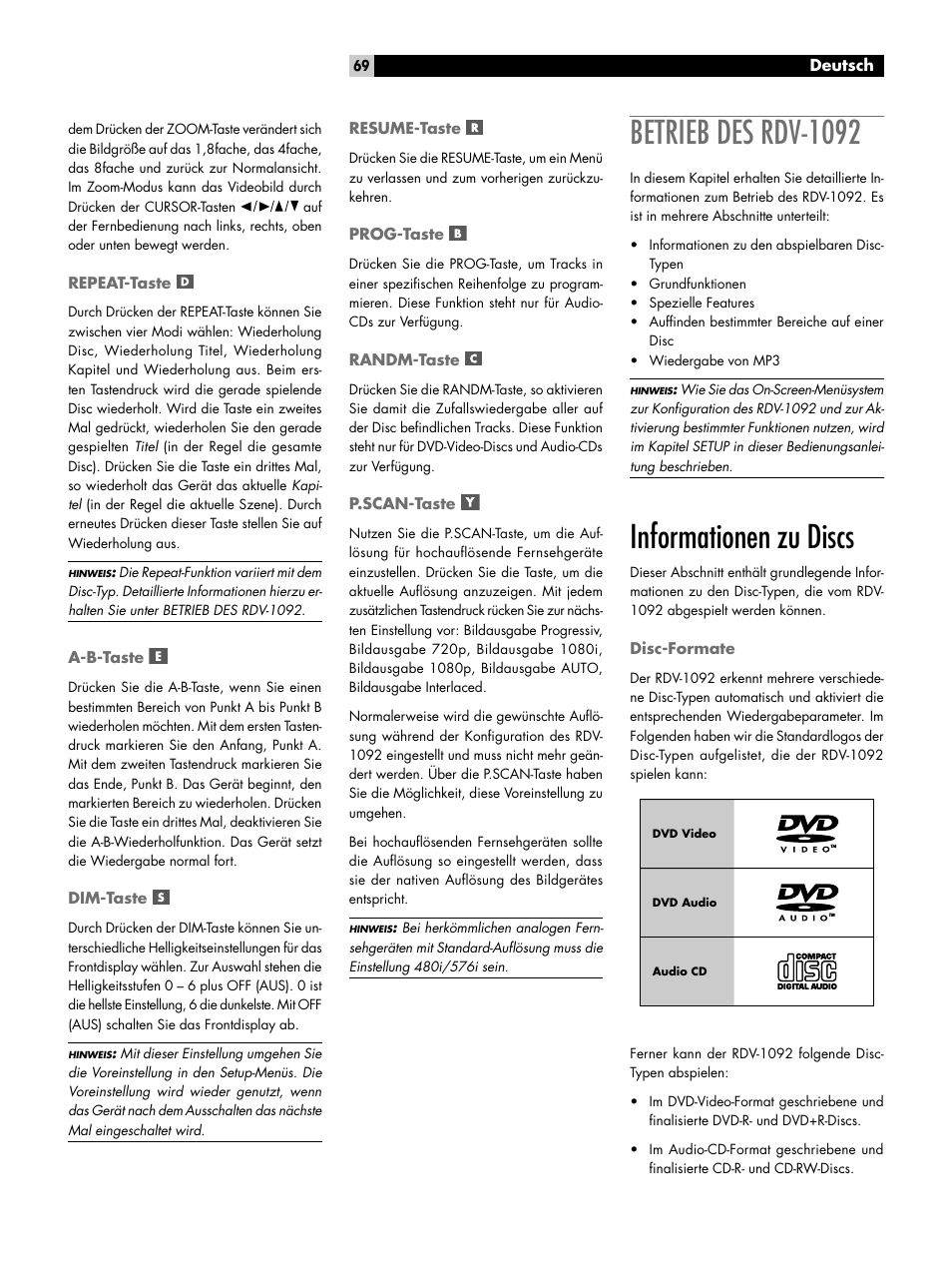 Repeat-taste, A-b-taste, Dim-taste | Resume-taste, Prog-taste, Randm-taste, P.scan-taste, Betrieb des rdv-1092, Informationen zu discs, Disc-formate | ROTEL RDV-1092 User Manual | Page 69 / 83