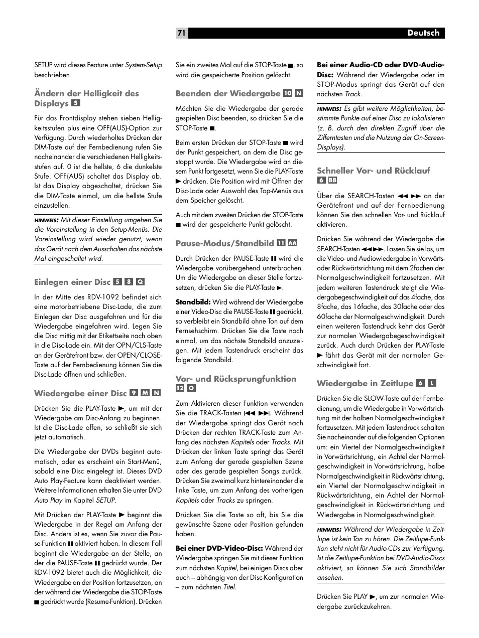 Ändern der helligkeit des displays, Einlegen einer disc, Wiedergabe einer disc | Beenden der wiedergabe, Pause-modus/standbild, Vor- und rücksprungfunktion, Schneller vor- und rücklauf, Wiedergabe in zeitlupe | ROTEL RDV-1092 User Manual | Page 71 / 83