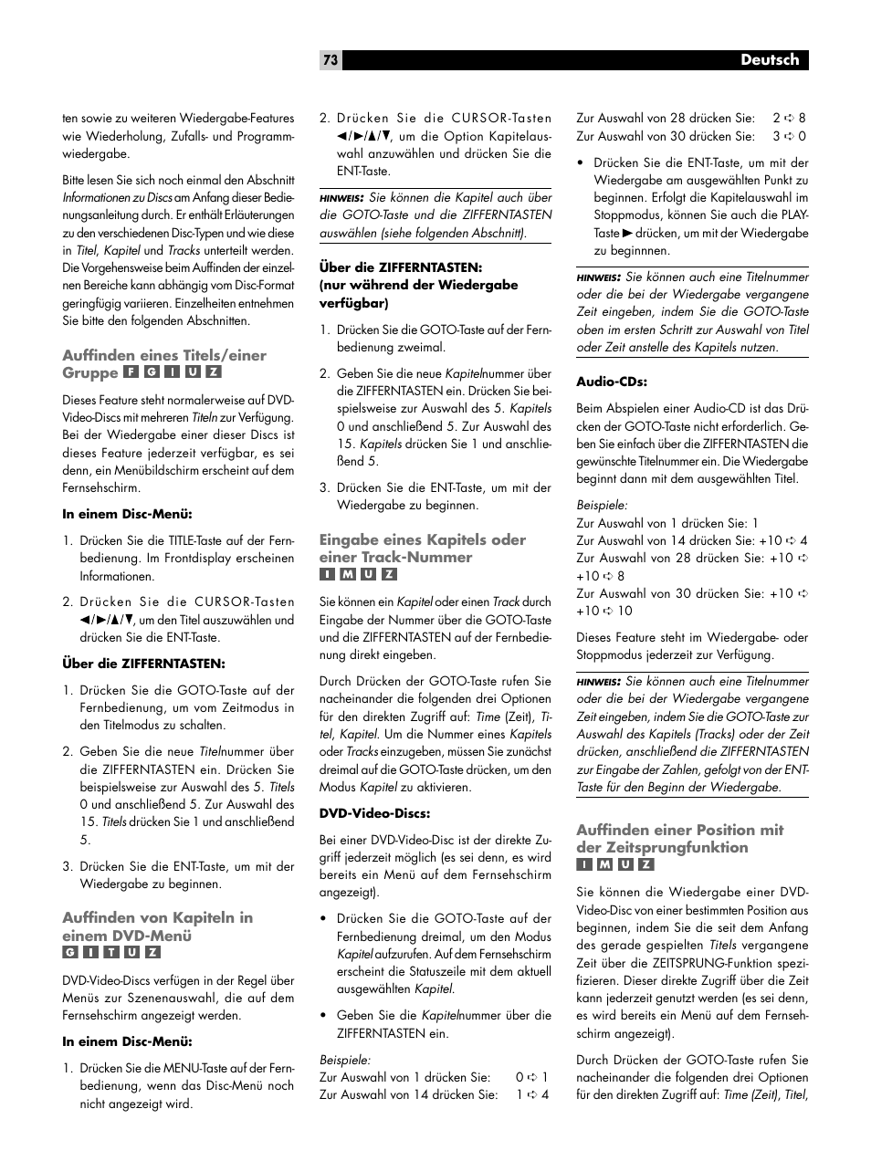 Auffinden eines titels/einer gruppe, Auffinden von kapiteln in einem dvd-menü, Eingabe eines kapitels oder einer track-nummer | Aufﬁnden eines titels/einer gruppe, Aufﬁnden von kapiteln in einem dvd-menü, Eingabe eines kapitels oder einer, Track-nummer aufﬁnden einer position mit der, Zeitsprungfunktion | ROTEL RDV-1092 User Manual | Page 73 / 83