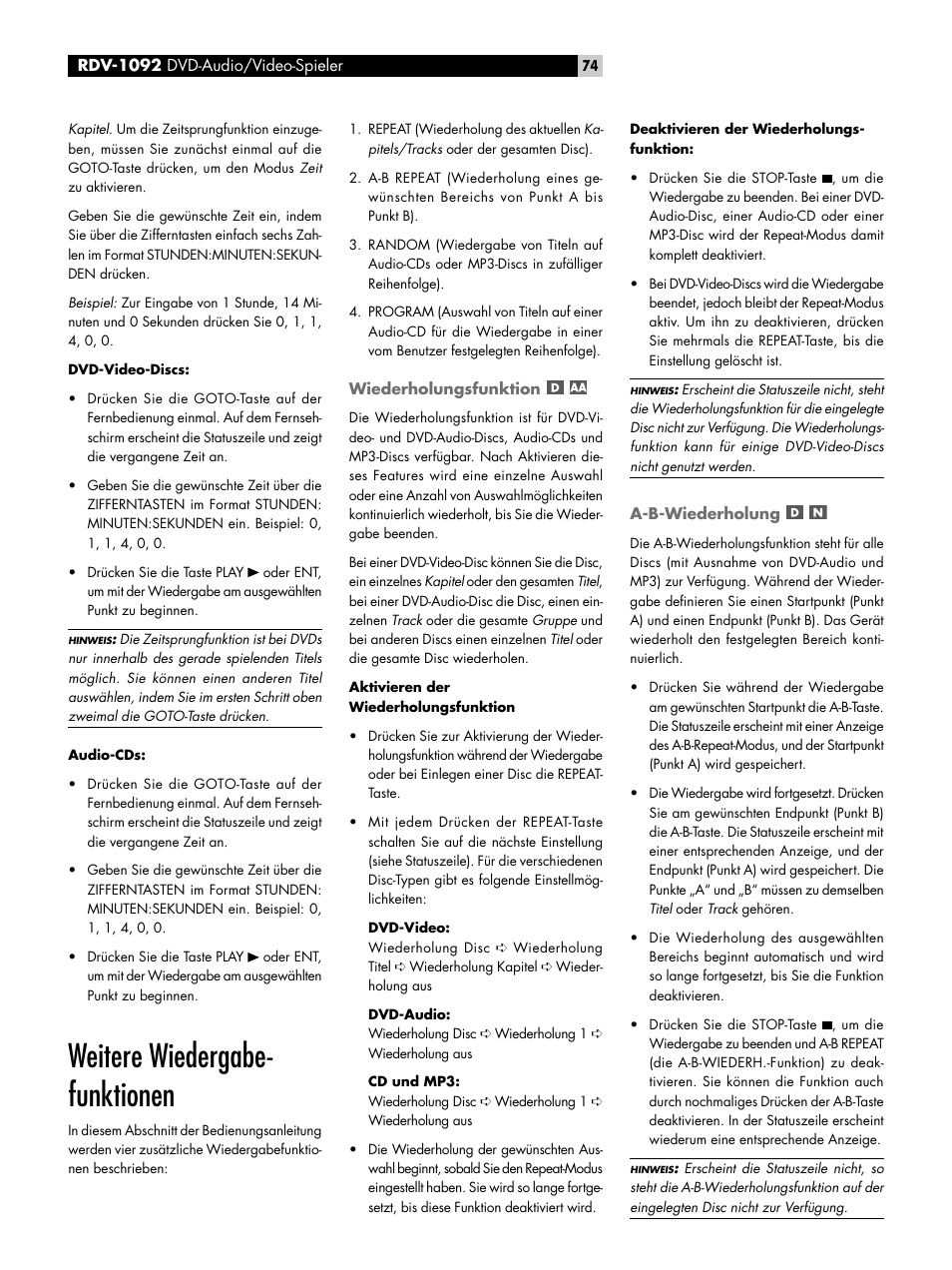 Weitere wiedergabe­funktionen, Wiederholungsfunktion, A-b-wiederholung | Weitere wiedergabe- funktionen | ROTEL RDV-1092 User Manual | Page 74 / 83