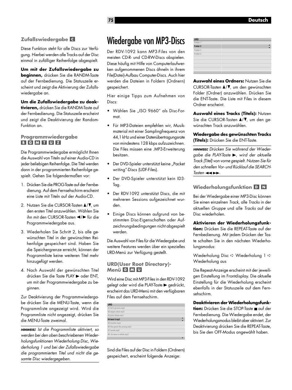Zufallswiedergabe, Programmwiedergabe, Wiedergabe von mp3-discs | Urd(user root directory)-menü, Wiederholungsfunktion, Zufallswiedergabe programmwiedergabe | ROTEL RDV-1092 User Manual | Page 75 / 83