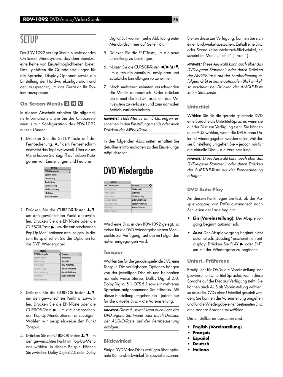 Setup, On-screen-menüs, Dvd wiedergabe | Tonspur, Blickwinkel, Untertitel, Dvd auto play, Untert.-präferenz, Rdv-1092, Rdv-1092 dvd-audio/video-spieler | ROTEL RDV-1092 User Manual | Page 76 / 83