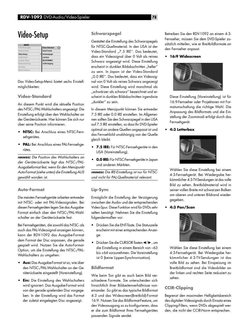 Video-setup, Video-standard, Auto-format | Schwarzpegel, Lip-sync, Bildformat, Ccir-clipping | ROTEL RDV-1092 User Manual | Page 78 / 83