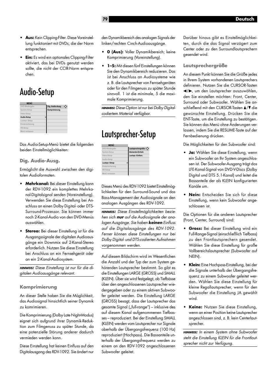 Audio-setup, Dig. audio-ausg, Komprimierung | Lautsprecher-setup, Lautsprechergröße, Audio-setup dig. audio-ausg komprimierung, Lautsprecher-setup lautsprechergröße, Deutsch | ROTEL RDV-1092 User Manual | Page 79 / 83